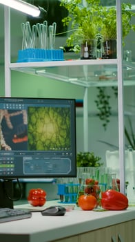 Empty microbiology laboratory with nobody in it prepared for developing chemical dna experiment. Biochemistry lab eqquiped with high tech tools for pharmaceutical food GMO biology medical research photo