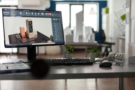 Empty office for architects with computer on desk board blueprint technology equipment. Table for architectural design plan, workplace with notepad tools stationery telephone photo