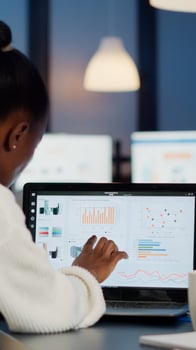 Black woman manager checking business statistics and financial reports on laptop working in start up office late at night. Focused employee doing overtime for job respecting deadline of project photo