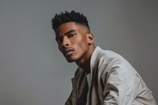 Relaxed Male Fashion Model in Zip Up Jacket Light Sage Background and Casual Lifestyle Featuring a Relaxed Vibe in a Males Fashion portrait photo