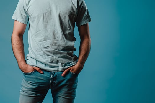 Trendy male fashion model in a relaxed Tshirt withaqua male background male dress portrait showcasing lifestyle Males fashion style photo