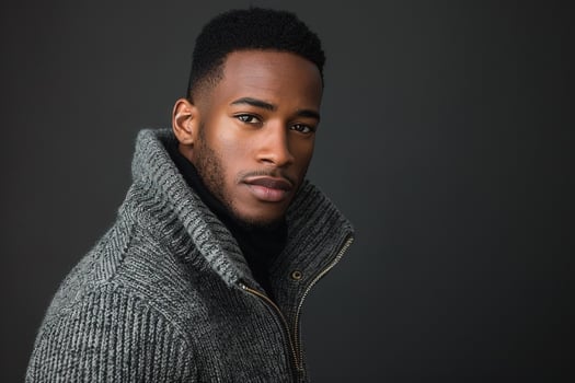 zipup jacket with aheather grey male background male dress portrait showcasing relaxed lifestyle Males fashion photo