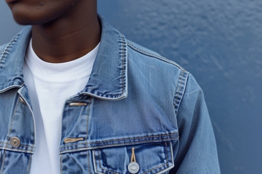 Trendy male in a Light Blue Denim Jacket casual and stylish portrait modern lifestyle fashionable male dress relaxed Maleswear photo