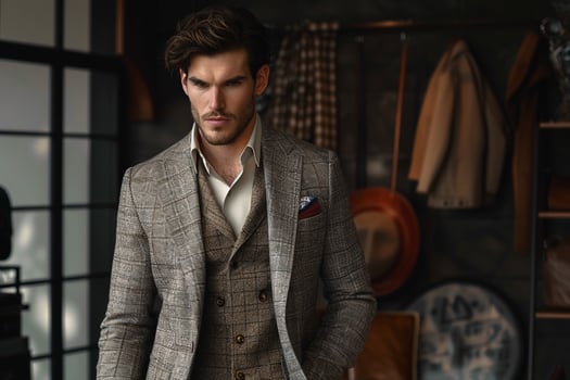 Stylish male fashion model in classic tweed blazer grey costume relaxed lifestyle portrait photo