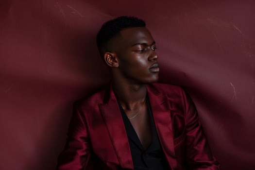 elegant Burgundy Couture Blazer worn by a male model featured in a relaxed lifestyle setting focusing on sophisticated and high fashion Males fashion photo