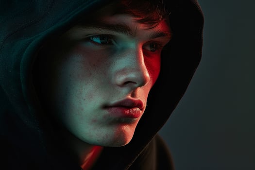 Modern male fashion model in a Hoodie with Dark Grey background showcasing a laid back lifestyle portrait of trendy Males fashion photo