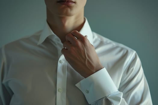 Fashion forward male fashion model in a Dress Shirt with French Cuffs and Light Taupe background showcasing a chic lifestyle portrait of sophisticated Males style photo