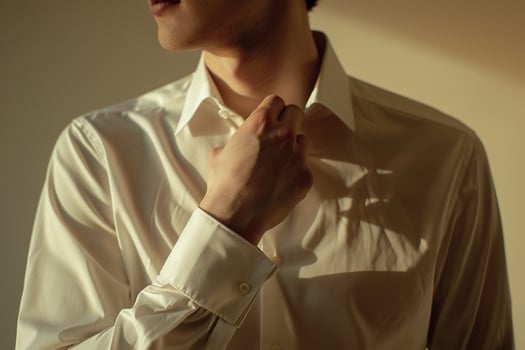 Stylish male model in a Dress Shirt with French Cuffs and Light Taupe background featuring a refined lifestyle portrait of modern Males fashion photo