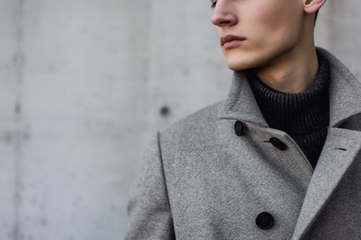 Fashionable male fashion model in Simple Outfits with Soft Grey background showcasing a refined lifestyle portrait of contemporary Males style photo