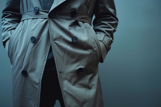 Trendy male fashion model in a fashionable trench coat with a steel grey background showcasing contemporary Males portrait fashion and lifestyle photo
