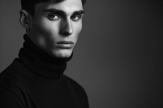 elegant male model in a black turtleneck with a grey background emphasizing contemporary Males portrait fashion and sophisticated male dress photo