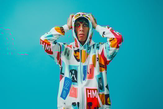 Trendy male model in a hoodie with graphics and a bright turquoise backdrop showcasing modern Males portrait fashion and casual lifestyle photo