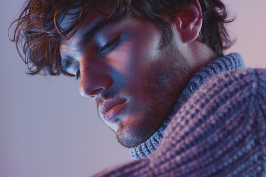 elegant male fashion model in a casual knit sweater with a soft lavender backdrop showcasing modern Males portrait fashion and comfortable lifestyle photo