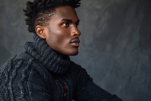Fashionable Male in Cashmere Sweater with Light Charcoal Background for Trendy Lifestyle Shot photo