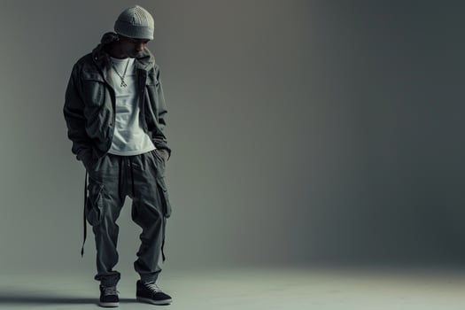 elegant Male in Urban Wear with Cargo pants and Gray Background for Trendy Fashion portrait photo
