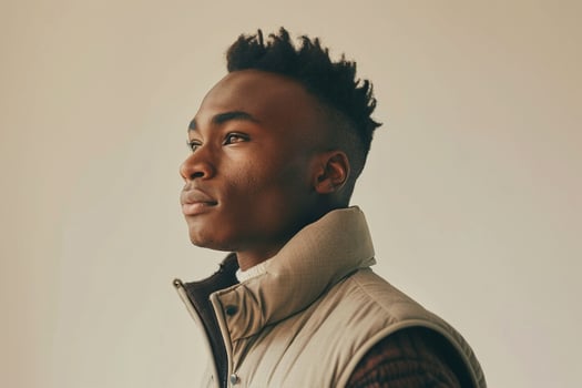 Trendy male model in a beige vest set against a matching background for a fashion portrait that exudes contemporary style and modern sophistication photo