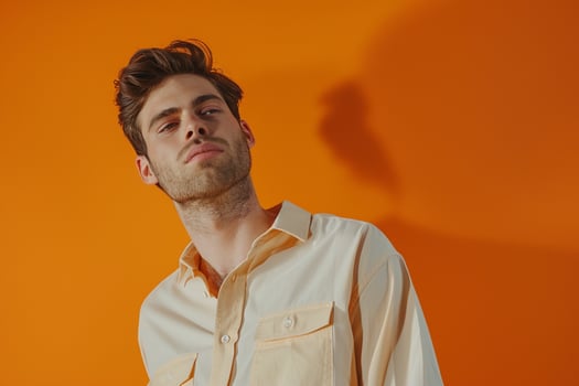 Handsome male model in a long sleeve shirt with a bright orange background featuring a dynamic portrait that blends modern trends with a stylish vibrant look photo