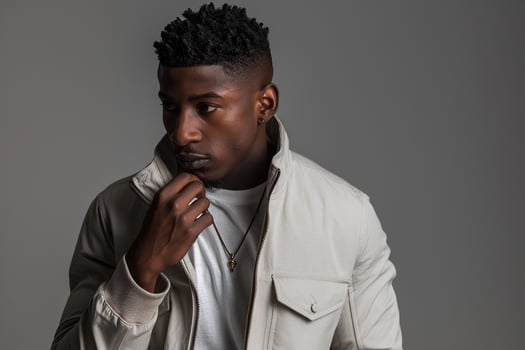 Stylish male fashion model in a zip up jacket with a costume gray background contemporary portrait emphasizing chic and modern Males outerwear fashion photo