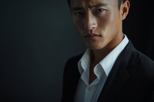 Stylish male model in a tailored blazer with a glossy black background modern portrait emphasizing refined and sophisticated Males fashion choices photo
