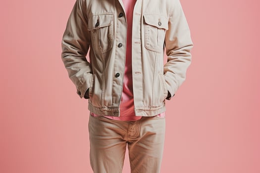 Handsome male fashion model wearing a jacket male dress with asoft pink male background capturinglifestyle Males and portrait fashion characteristics photo