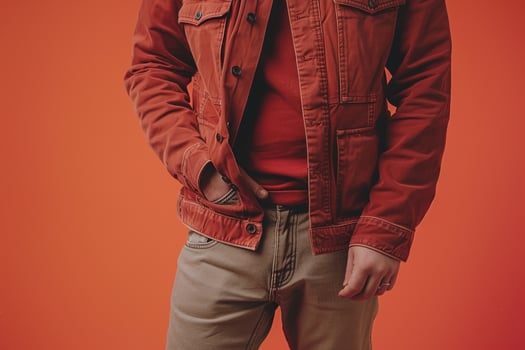 Chic Male Fashion Model in Vintage Jacket with Orange Background Highlighting Contemporary Fashion and Lifestyle portrait eleMalets photo