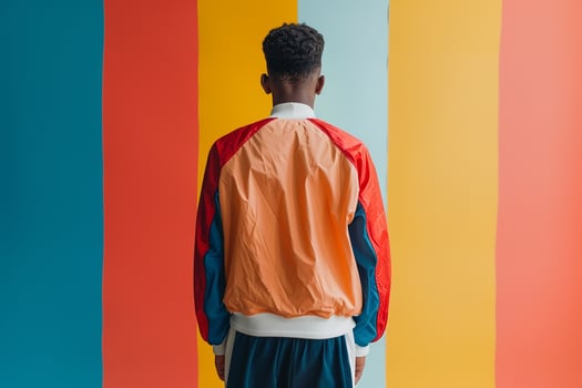 Male model in a vintage track jacket with retro stripes background Highlighting classic 80s fashion and a vintage lifestyle with stylish appeal photo