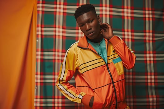 Stylish male model in a retro tracksuit with classic plaid background emphasizing sporty fashion and a classic lifestyle with vintage vibes photo