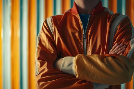 Fashionable male model in a vintage track jacket with retro stripes background Highlighting 80s style and a vintage lifestyle with classic appeal photo