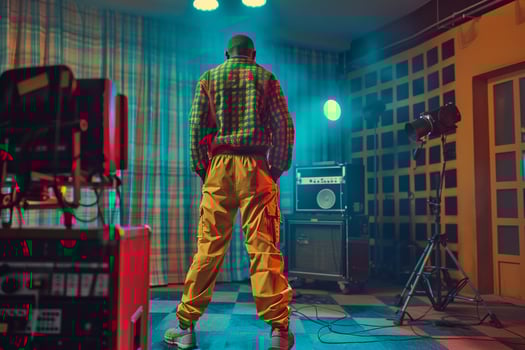 Stylish male model in a retro tracksuit with classic plaid background Featuring vintage fashion and a sporty classic lifestyle with chic eleMalets photo