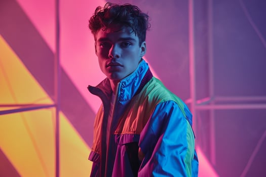 Fashionable male model in an 80s style windbreaker with neon geometric patterns Highlighting retro aesthetic and bold fashion with a vibrant touch photo