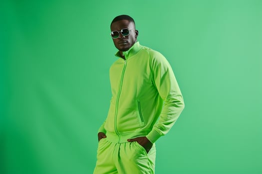 Athletic male fashion model dressed in a neon green tracksuit set against a dynamic lifestyle background perfect for sporty stylish fashion portraits for Male photo