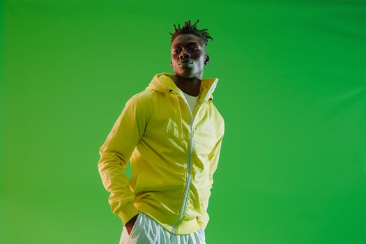 Handsome male model in a neon green athletic tracksuit highlighted by a trendy lifestyle background Ideal for sporty fashion looks and athletic fashion portraits photo