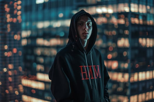 Trendy male model in a graphic hoodie with a cityscape backdrop emphasizing urban style and contemporary fashion Ideal for modern high fashion Males portraits photo