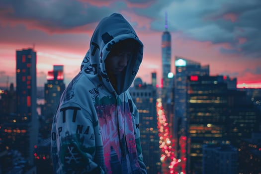 Fashionable male model in a graphic hoodie with an urban cityscape background perfect for showcasing trendy and stylish fashion in modern Males fashion portraits photo