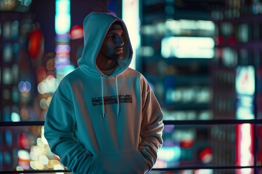 Trendy male fashion model in a graphic hoodie set against an urban cityscape background perfect for modern and stylish fashion portraits with an urban edge photo