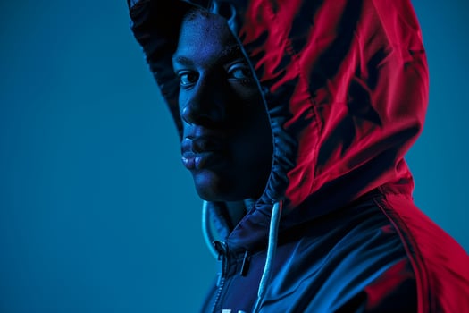 Handsome male model in electric blue hoodie stylish portrait with a striking blue background reflecting contemporary urban fashion trends photo
