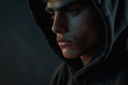 Stylish male model in hoodie charcoal grey background trendy portrait showcasing modern urban fashion and fashionable lifestyle eleMalets photo