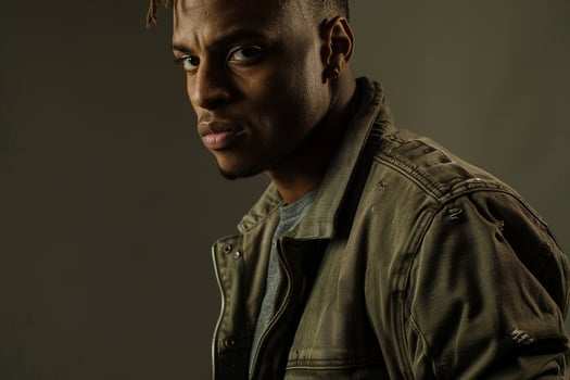 Handsome male model in distressed jacket olive green cloth background stylish portrait capturing modern urban fashion and lifestyle eleMalets photo