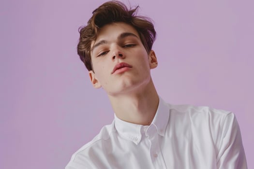 Trendy male model in light lavender long sleeve shirt showcasing a modern and stylish lifestyle portrait with emphasis on contemporary fashion aesthetics photo