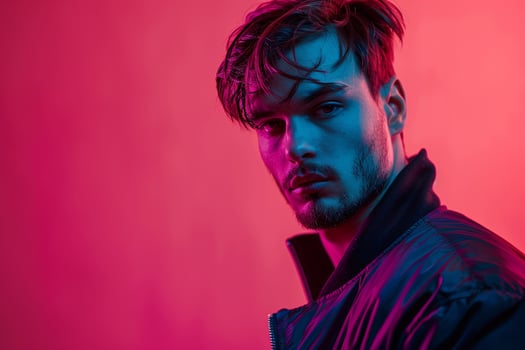 Trendy Male Fashion Model in Zip Up Jacket with Neon pink Background Highlighting Casual and Stylish Lifestyle Fashion Appearance photo