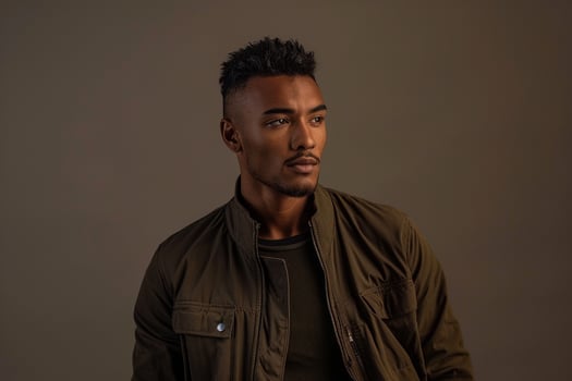Trendy male model in a zip up jacket with a Maleswear background showcasing a chic and modern lifestyle with a stylish edge in Males fashion photo
