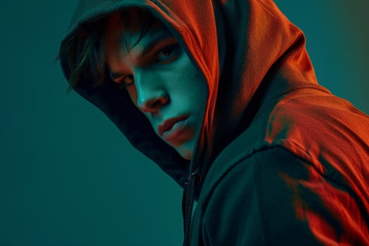 Fashionable male model in a hoodie with a Maleswear background featuring a stylish and contemporary fashion appearance with a trendy lifestyle photo