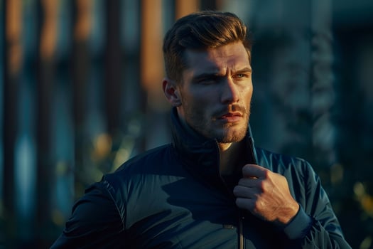Trendy male fashion model in a zip up jacket with a Maleswear background showcasing a fashionable and lifestyle oriented portrait photo