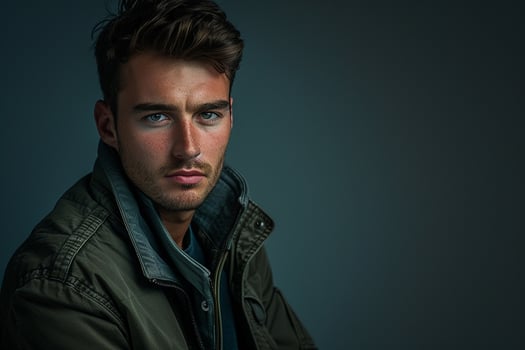 zip up jacket with a gray blue background showcasing a modern lifestyle and trendy fashion portrait photo