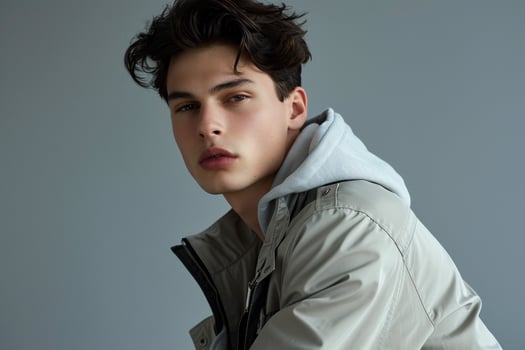 Chic male fashion model in a zip up jacket with a soft blue gray background showcasing fashionable lifestyle and modern style portrait photo