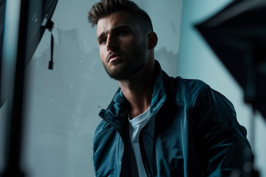 Attractive male fashion model in a zip up jacket with a soft blue gray background focusing on contemporary lifestyle and stylish fashion photo