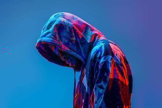 Fashionable male model in a printed hoodie with an electric blue background emphasizing stylish lifestyle and contemporary portrait photo