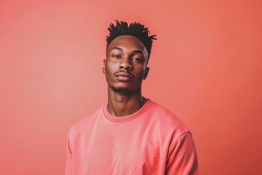 Fashionable male model in a casual crewneck sweatshirt with a coral pink background reflecting contemporary style and energetic lifestyle portrait photo