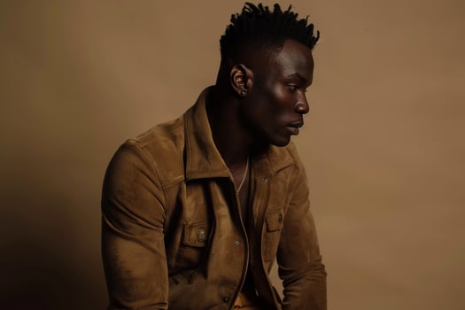 suede jacket with acostume taupe male background male dress portrait reflecting timeless fashion and relaxed lifestyle Males photo