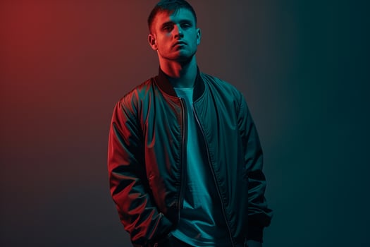 Streetwear ZipUp Jacket male dress withDark Teal male background lifestyle Males portrait Fashion photo